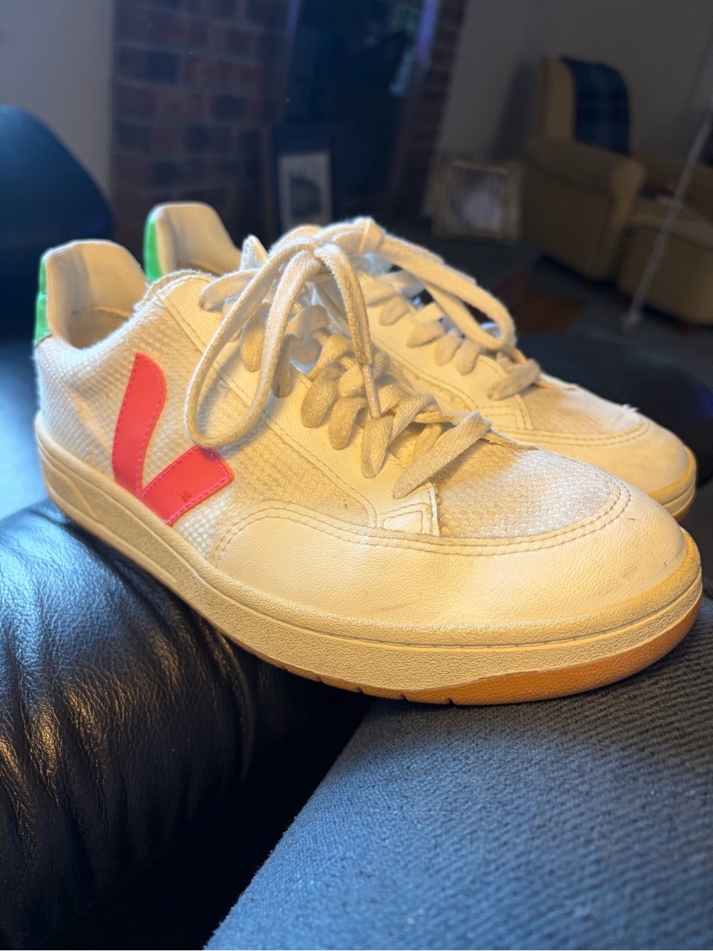 Veja White Sneakers with Pink V Logo and Green Heel Tab